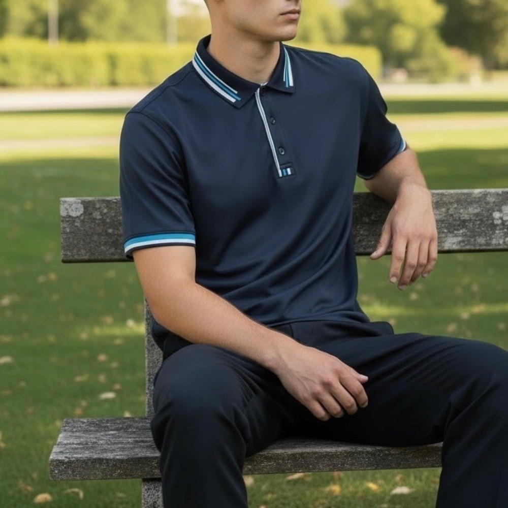 AG Adriano Goldschmied Green Label Men's Navy Polo Striped Collar Sz Medium NWOT